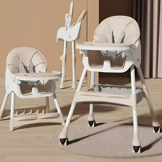 Scaun de Masa pentru Bebelusi si Copii, cu Roti, Telescopic, Pliabil, Masuta Reglabila, Suport Picioare, Scaun cu Invelis Piele Artificiala, Centura Siguranta, Spatiu Depozitare, 97x73x65 cm, Bej