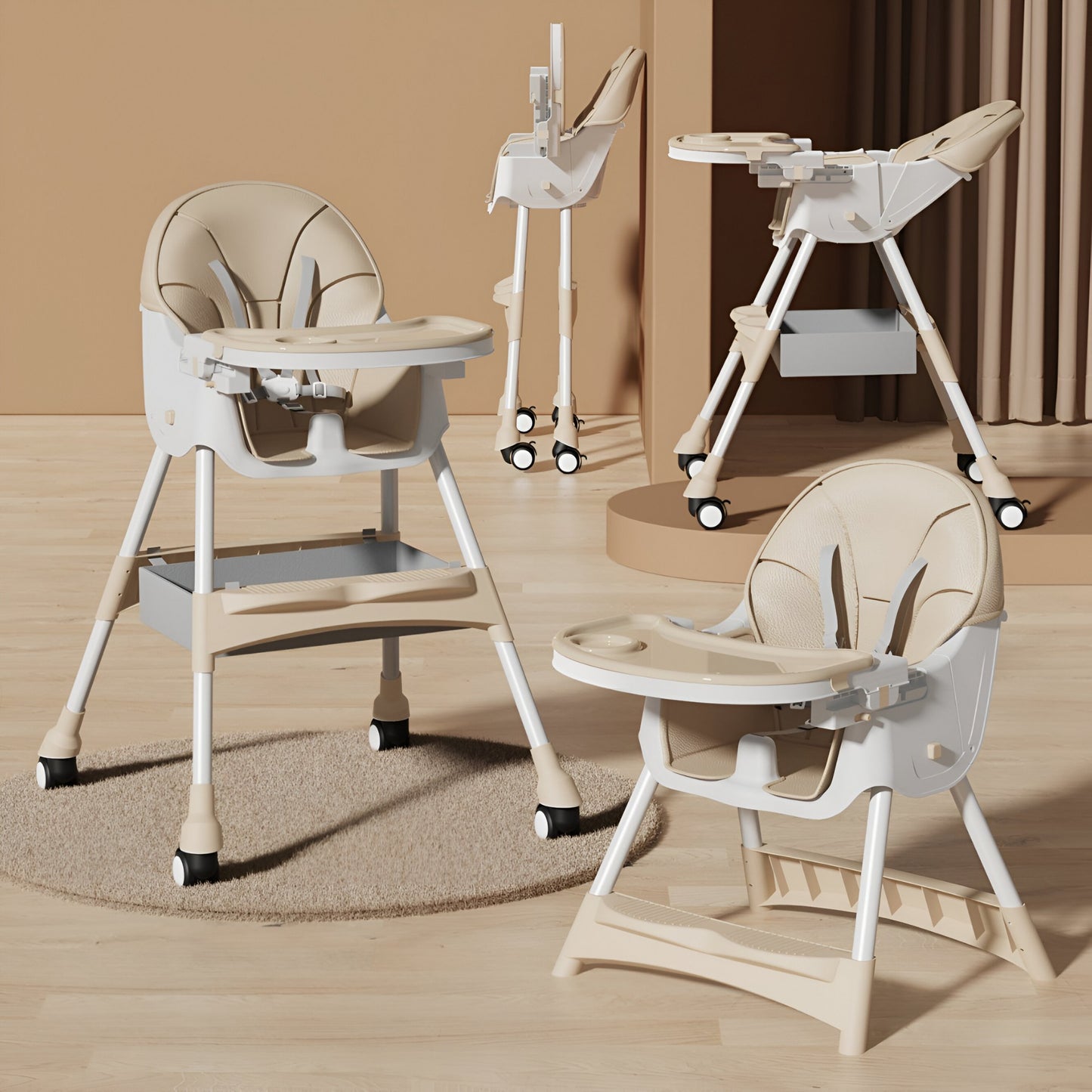 Scaun de Masa pentru Bebelusi si Copii, cu Roti, Telescopic, Pliabil, Masuta Reglabila, Suport Picioare, Scaun cu Invelis Piele Artificiala, Centura Siguranta, Spatiu Depozitare, 97x73x65 cm, Bej