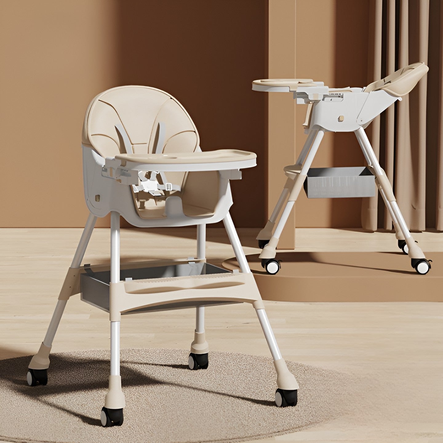 Scaun de Masa pentru Bebelusi si Copii, cu Roti, Telescopic, Pliabil, Masuta Reglabila, Suport Picioare, Scaun cu Invelis Piele Artificiala, Centura Siguranta, Spatiu Depozitare, 97x73x65 cm, Bej