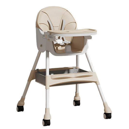 Scaun de Masa pentru Bebelusi si Copii, cu Roti, Telescopic, Pliabil, Masuta Reglabila, Suport Picioare, Scaun cu Invelis Piele Artificiala, Centura Siguranta, Spatiu Depozitare, 97x73x65 cm, Bej