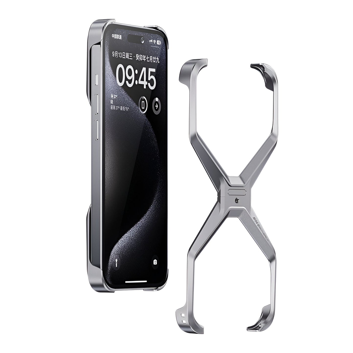 Husa Armor X Compatibila cu iPhone 15, Aliaj de Aluminiu, Antisoc, Antizgarieturi, Impermeabila, Margini cu 2 Straturi, Aderent, Montare Usoara, Surubelnita Inclusa, Gri Metalizat