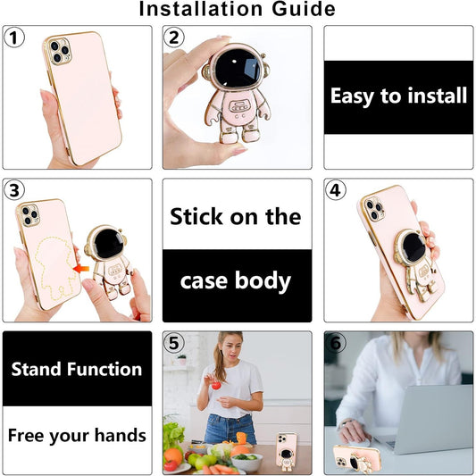 Husa de Protectie TPU 2in1, pentru Apple iPhone 15 Pro Max, Astronaut cu Suport, Antisoc, Rezistenta la Impact, Protectie Camera, Roz