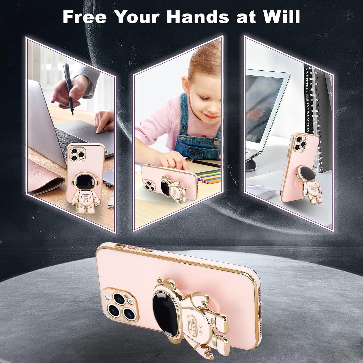 Husa de Protectie TPU 2in1, pentru Apple iPhone 15 Pro Max, Astronaut cu Suport, Antisoc, Rezistenta la Impact, Protectie Camera, Roz