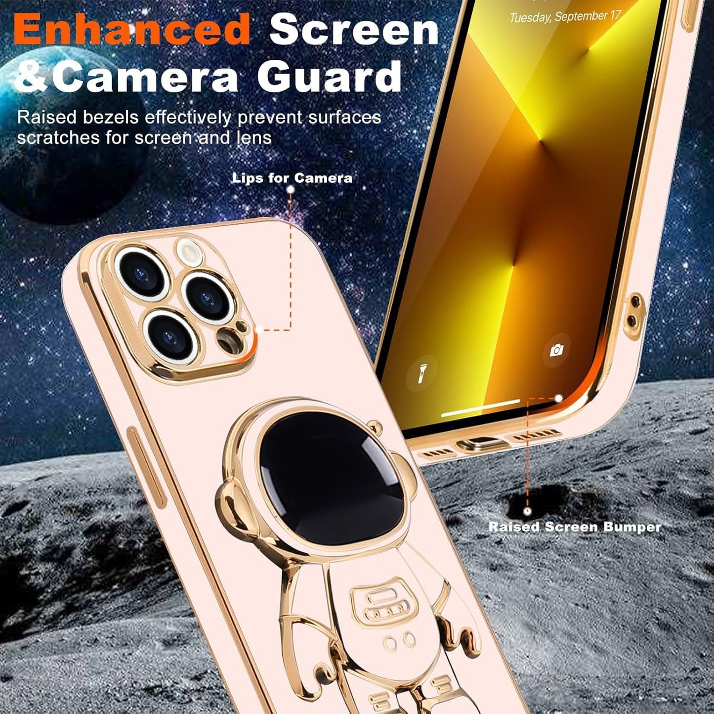 Husa de Protectie TPU 2in1, pentru Apple iPhone 15 Pro Max, Astronaut cu Suport, Antisoc, Rezistenta la Impact, Protectie Camera, Roz