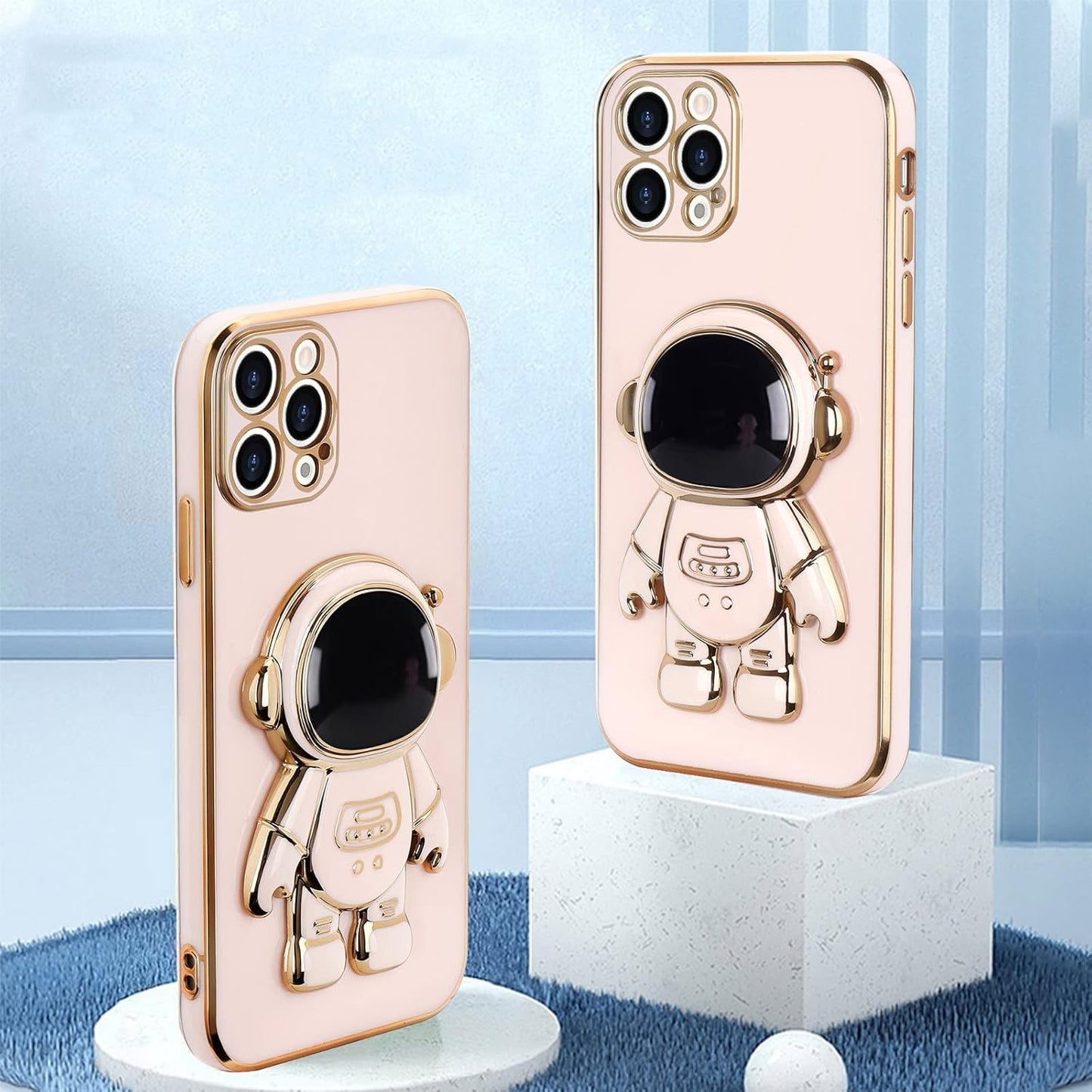 Husa de Protectie TPU 2in1, pentru Apple iPhone 15 Pro Max, Astronaut cu Suport, Antisoc, Rezistenta la Impact, Protectie Camera, Roz