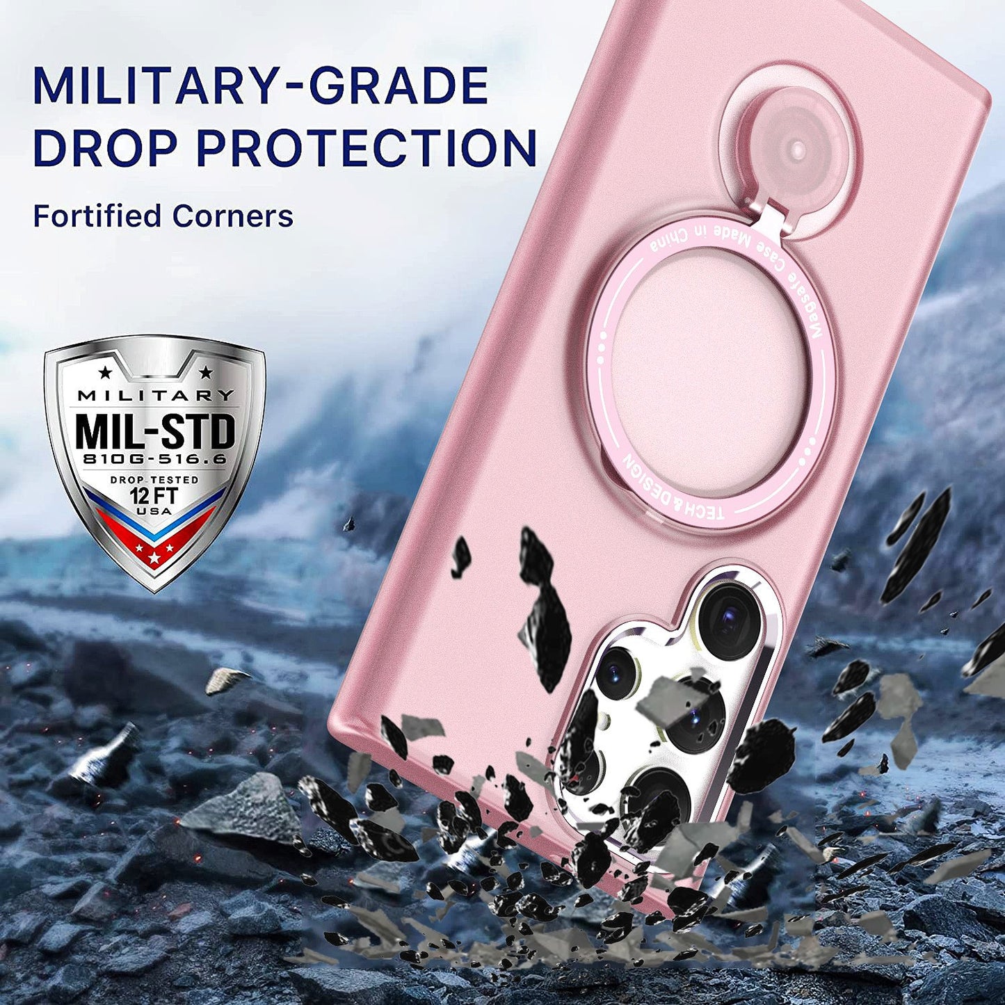 Husa de protectie, cu incarcare Wireless, Tehnologie Magsafe, TPU, Inel magnetic rotativ cu functie de suport, pentru Samsung Galaxy S23 Ultra , Rose Gold
