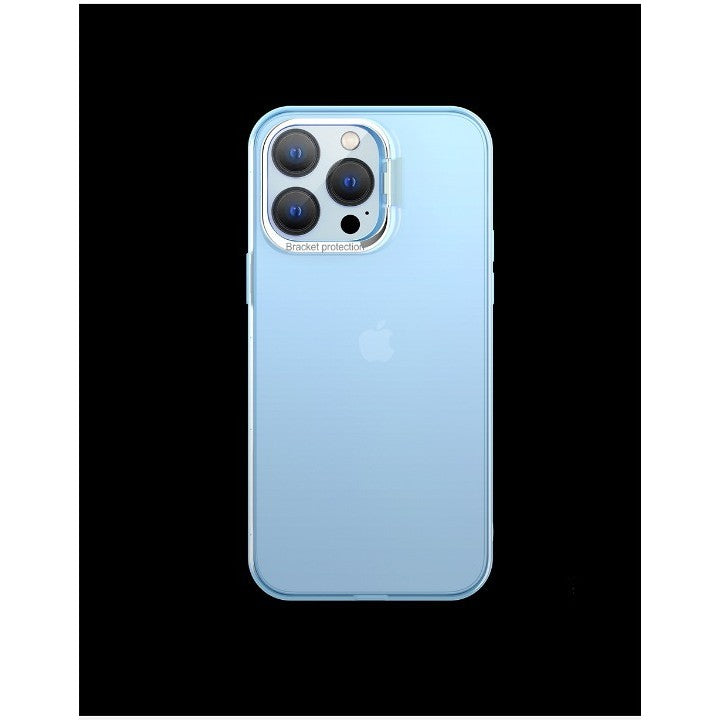 Husa de protectie pentru iPhone 14 Plus, cu suport metalic pentru camera, Bracket Series, Protectie Antisoc, PC mat, silicon moale pe margini, Albastru