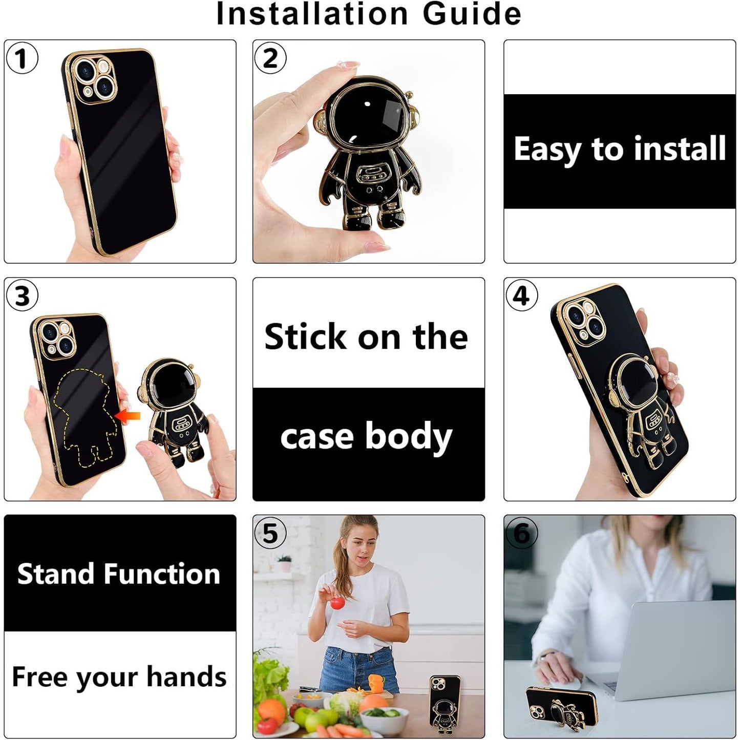 Husa de Protectie TPU 2in1, pentru Apple iPhone 14 Plus, Astronaut cu Suport, Antisoc, Rezistenta la Impact, Protectie Camera, Negru