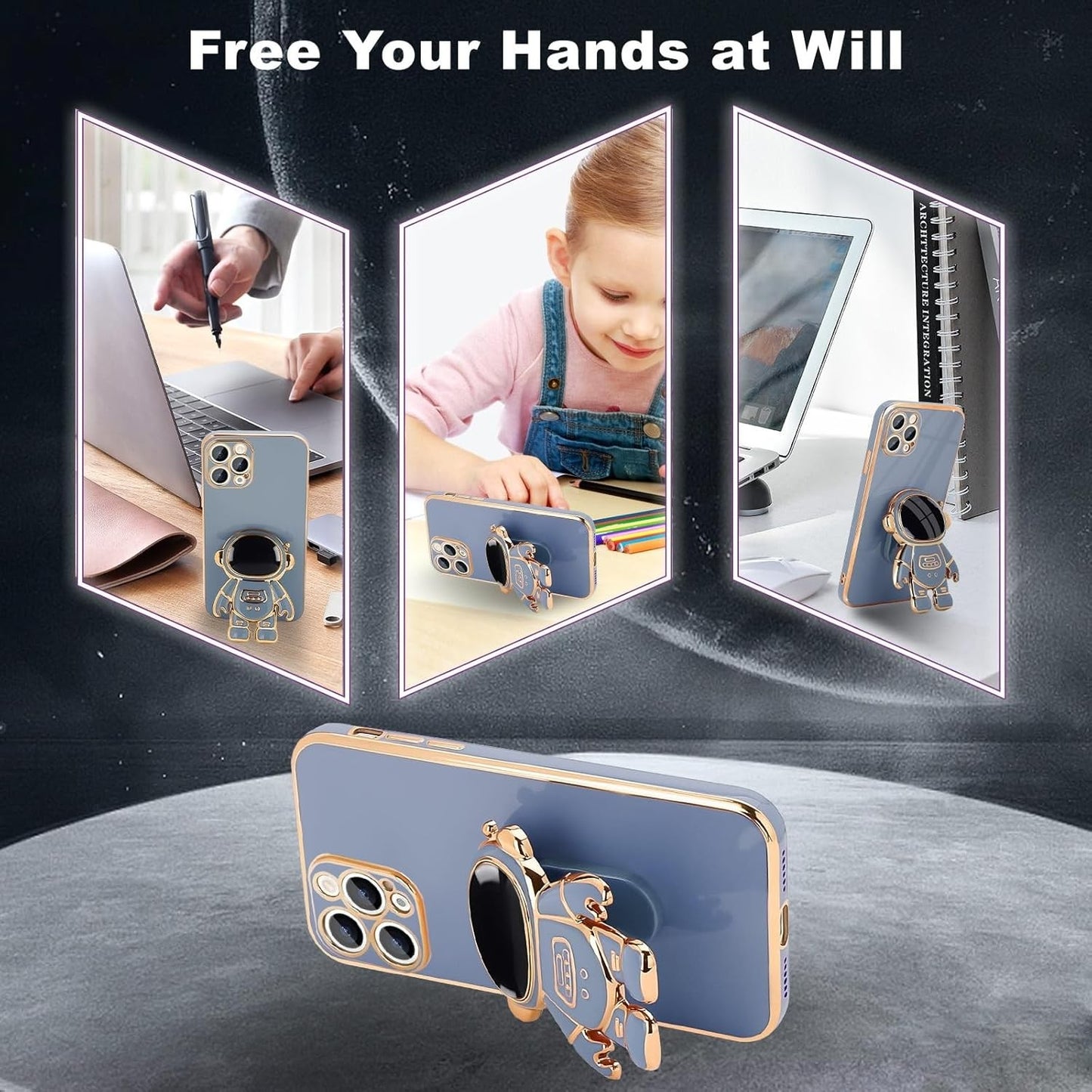 Husa de Protectie TPU 2in1, pentru Apple iPhone 14 Pro, Astronaut cu Suport, Antisoc, Rezistenta la Impact, Protectie Camera, Albastru