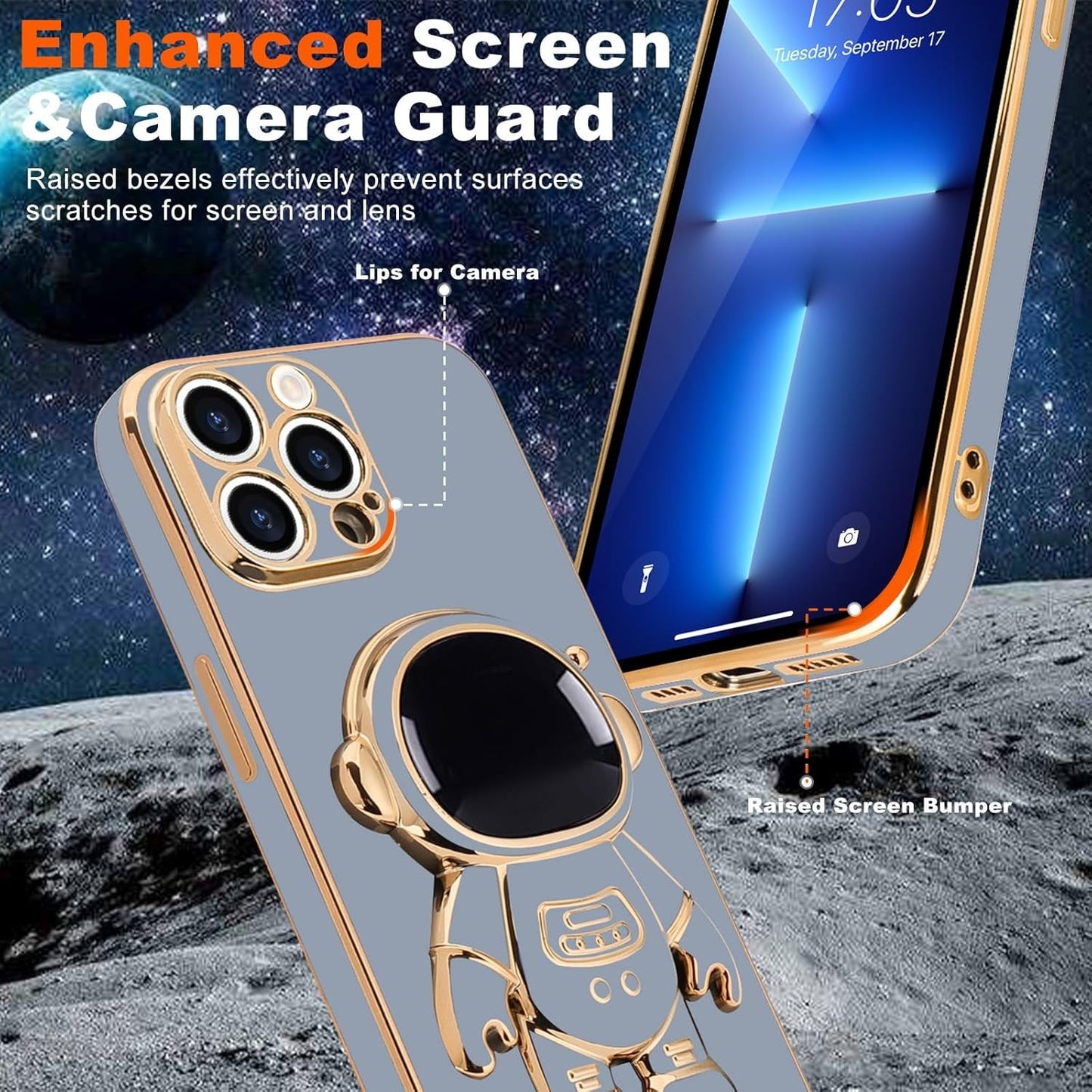 Husa de Protectie TPU 2in1, pentru Apple iPhone 14 Pro, Astronaut cu Suport, Antisoc, Rezistenta la Impact, Protectie Camera, Albastru