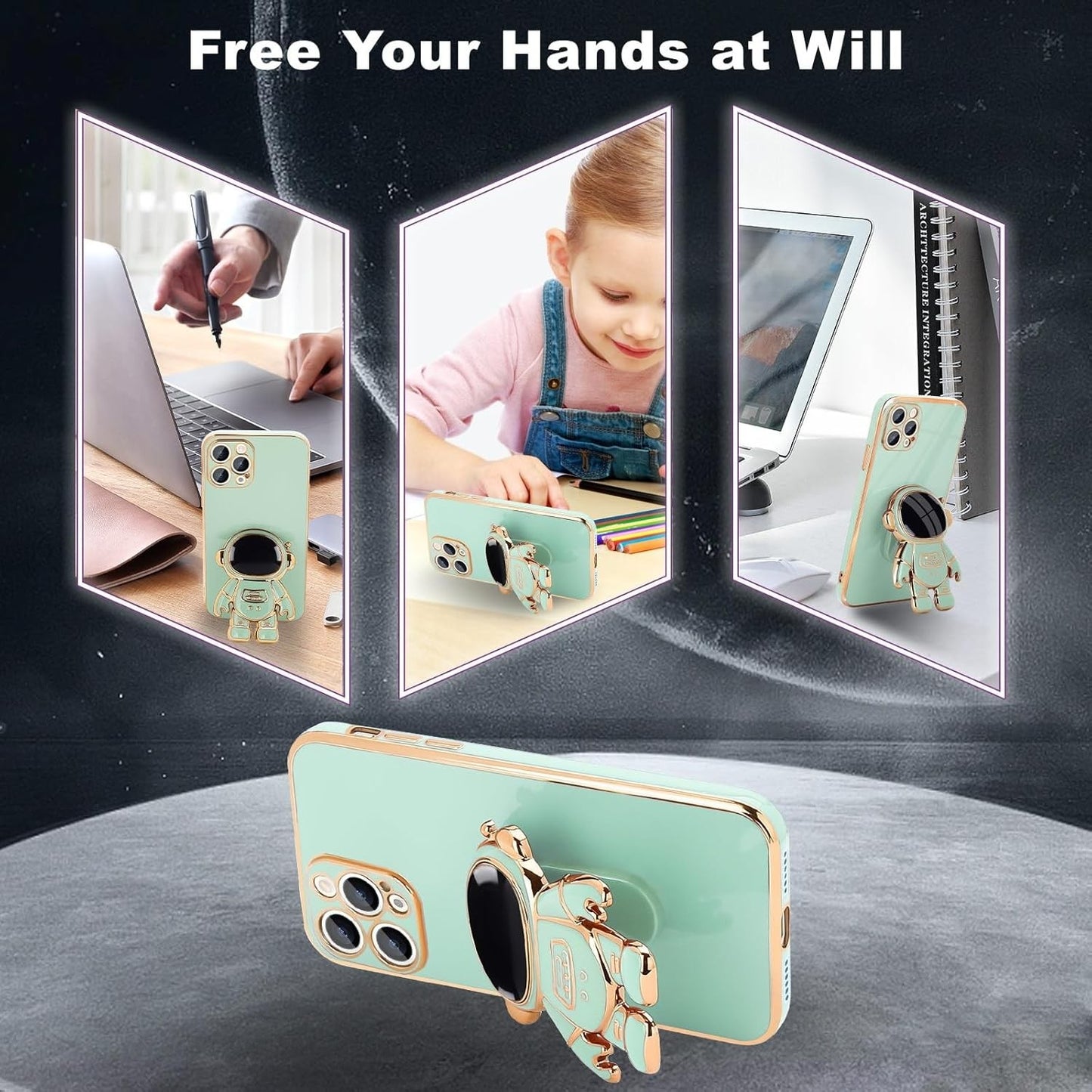 Husa de Protectie TPU 2in1, pentru Apple iPhone 14 Pro Max, Astronaut cu Suport, Antisoc, Rezistenta la Impact, Protectie Camera, Verde