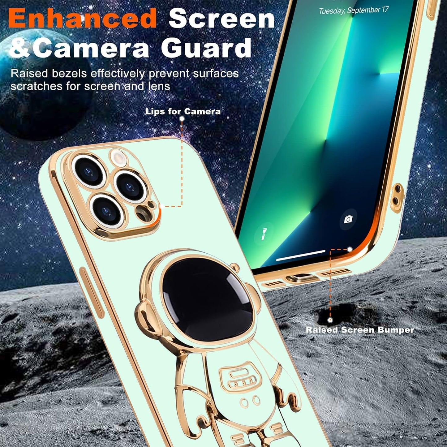 Husa de Protectie TPU 2in1, pentru Apple iPhone 14 Pro Max, Astronaut cu Suport, Antisoc, Rezistenta la Impact, Protectie Camera, Verde