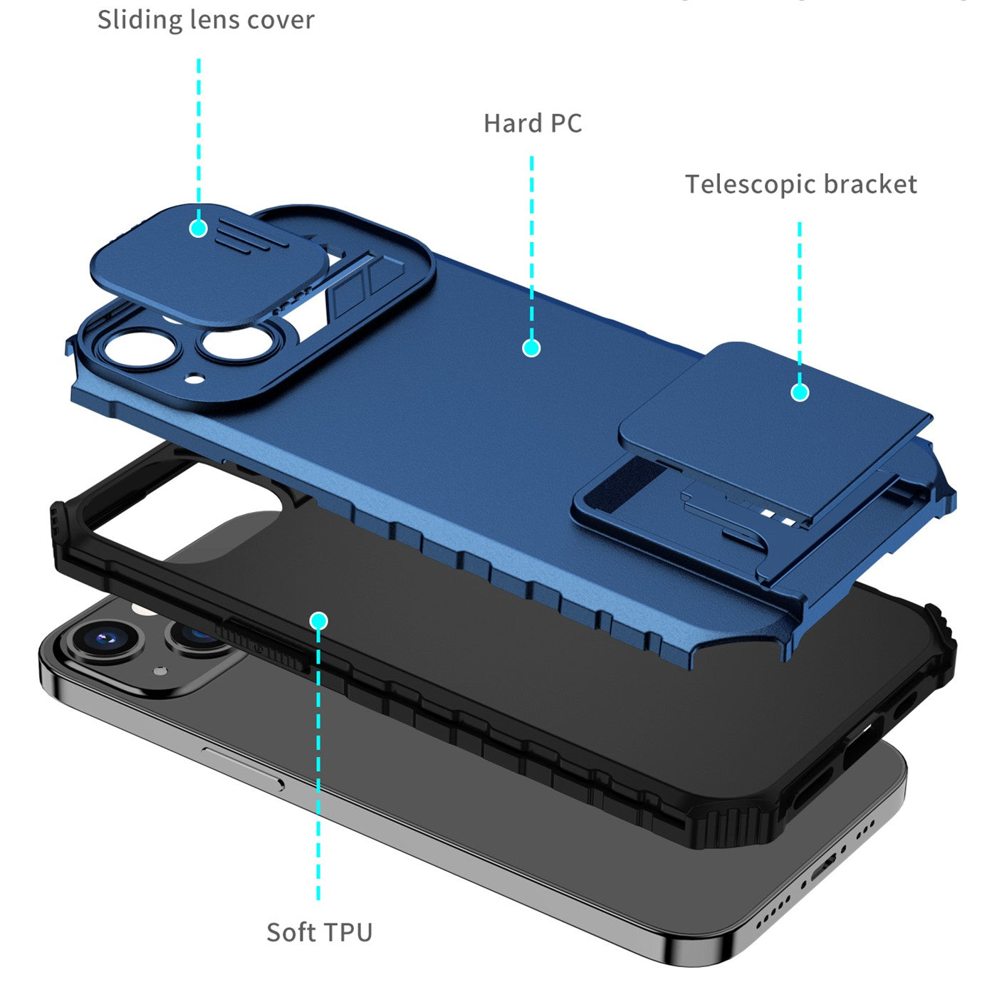 Husa Defender cu Stand pentru iPhone 11, Albastru, Suport reglabil, Antisoc, Protectie glisanta pentru camera