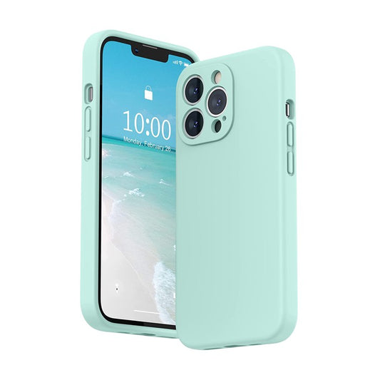 Husa pentru Apple iPhone 14, Liquid Silicone, cu Microfibra pe interior, Protectie Antisoc, Light Cyan