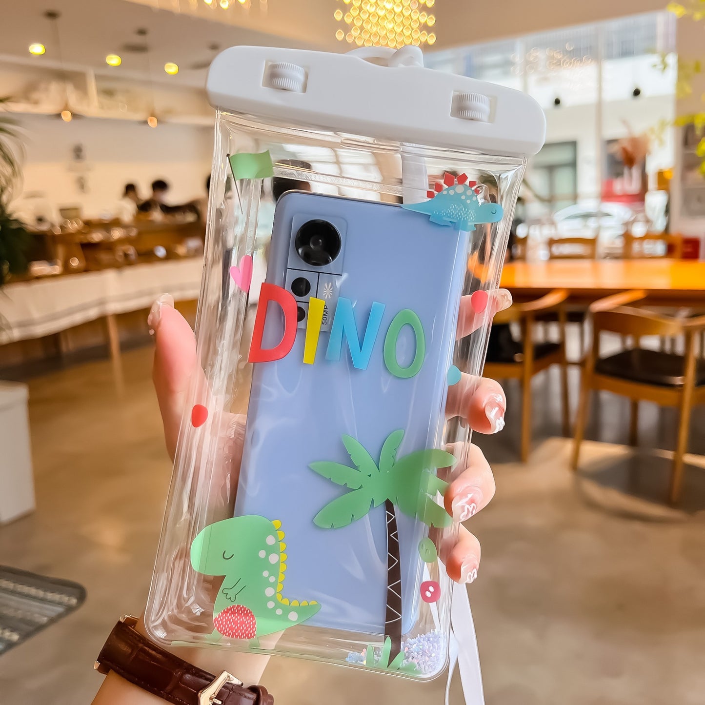 Husa subacvatica Glitter Kids Waterproof, Snowproof, Universala, cu Snur, pentru telefon sau documente, Dino, Alb