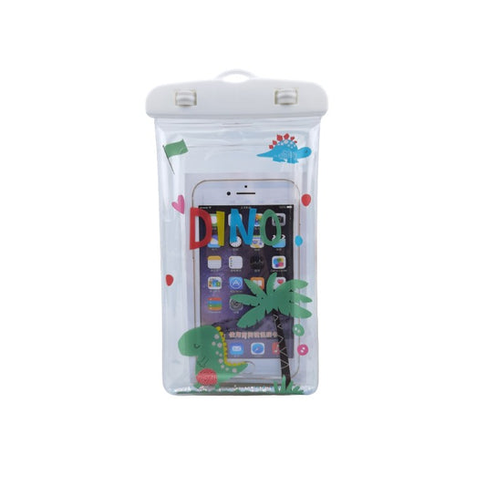 Husa subacvatica Glitter Kids Waterproof, Snowproof, Universala, cu Snur, pentru telefon sau documente, Dino, Alb