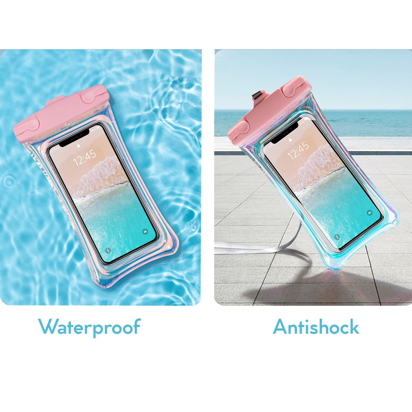 Husa subacvatica Holografica Waterproof, Snowproof, Universala, Impermeabila, cu Snur, pentru telefon sau documente, Roz