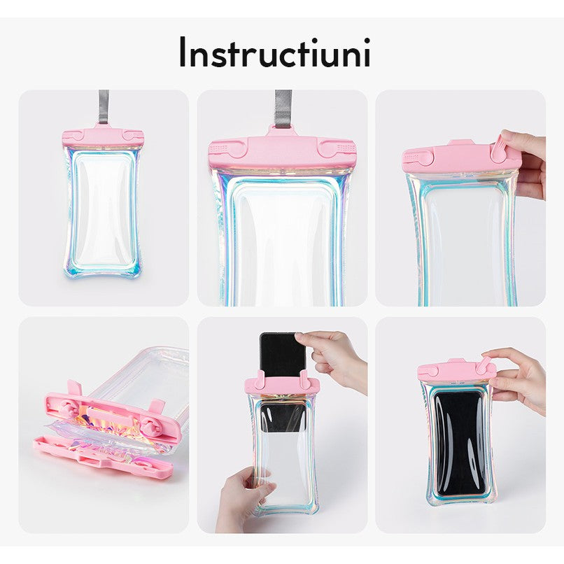 Husa subacvatica Holografica Waterproof, Snowproof, Universala, Impermeabila, cu Snur, pentru telefon sau documente, Roz