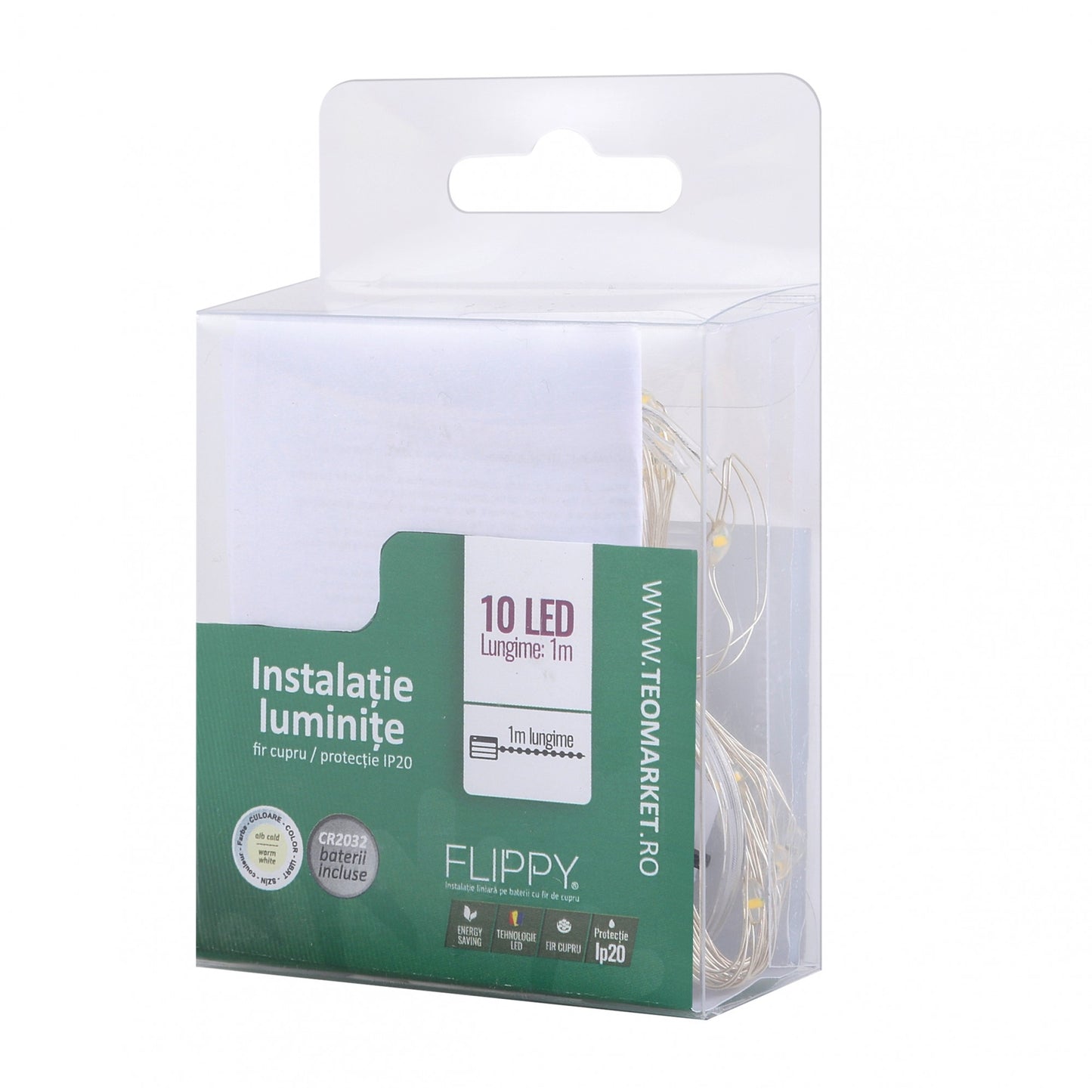 Instalatie Craciun, Liniara, 1 m, Baterii, 10 LED-uri, Alb Cald, Fir Cupru, Interior/Exterior