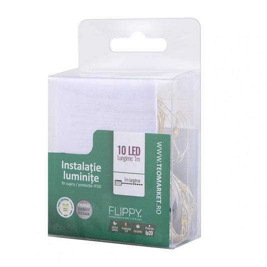 Instalatie Craciun, Liniara, 1 m, Baterii, 10 LED-uri, Alb Cald, Fir Cupru, Interior/Exterior