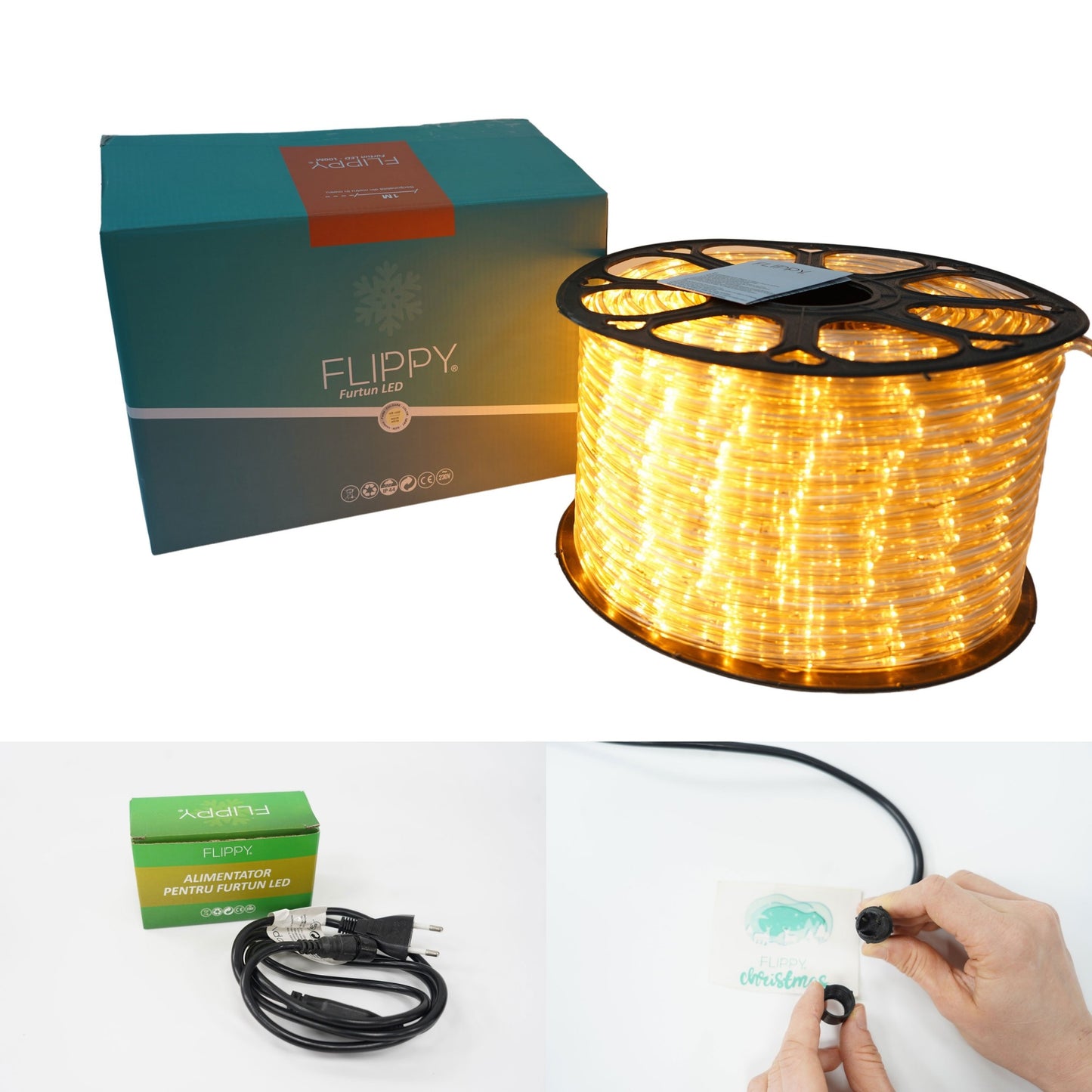 Instalatie Craciun, 10 m, 240 Led-uri, Furtun Luminos, Alb cald, Transformator, Sectionabila, 220 V