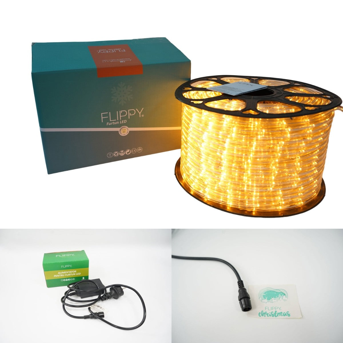 Instalatie Craciun, 12 m, 288 Led-uri ,Furtun Luminos, Alb cald, 8 jocuri de lumini, Transformator, Sectionabila, 220 V
