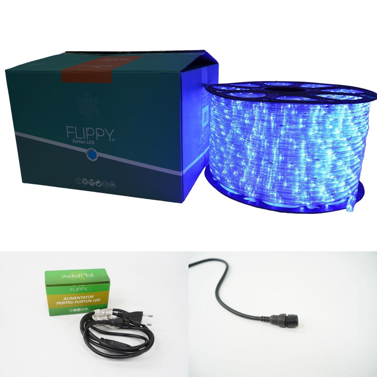 Instalatie Craciun, 2 m, 48 Led-uri, Furtun Luminos, Albastru, Transformator, Sectionabila, 220 V