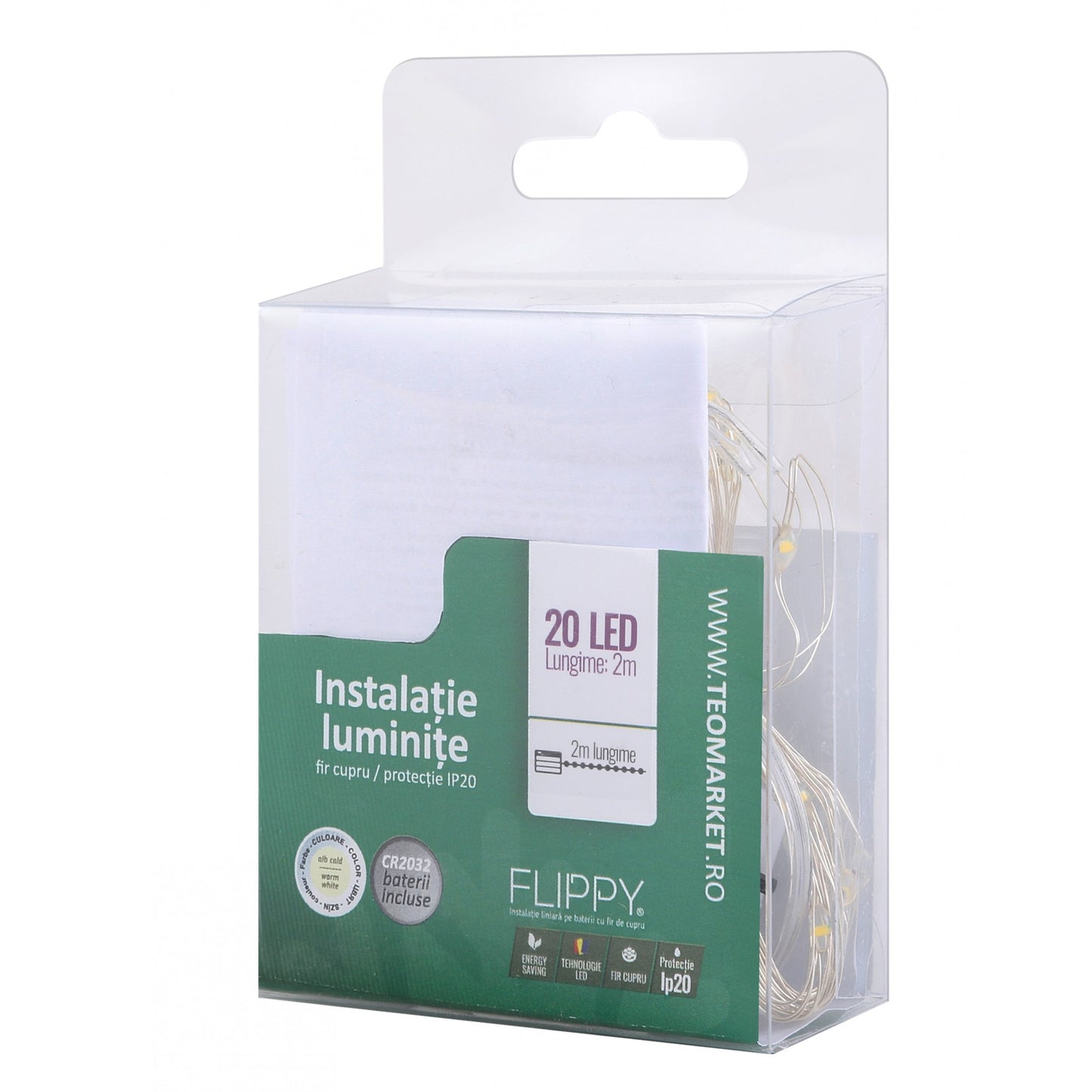 Instalatie Craciun, Liniara, 2 m, Baterii, 20 LED-uri, Alb Cald, Fir Cupru, Interior/Exterior