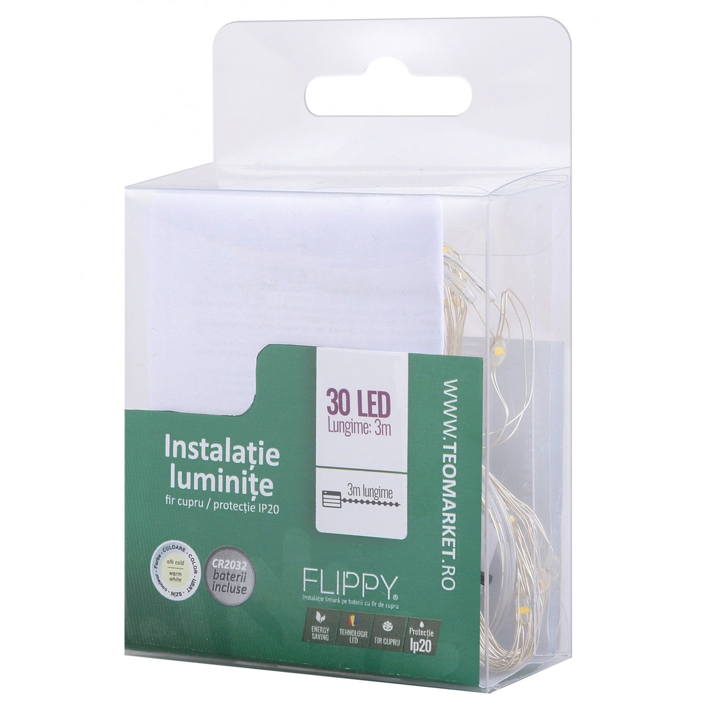 Instalatie Craciun, Liniara, 3 m, Baterii, 30 LED-uri, Alb Cald, Fir Cupru, Interior/Exterior