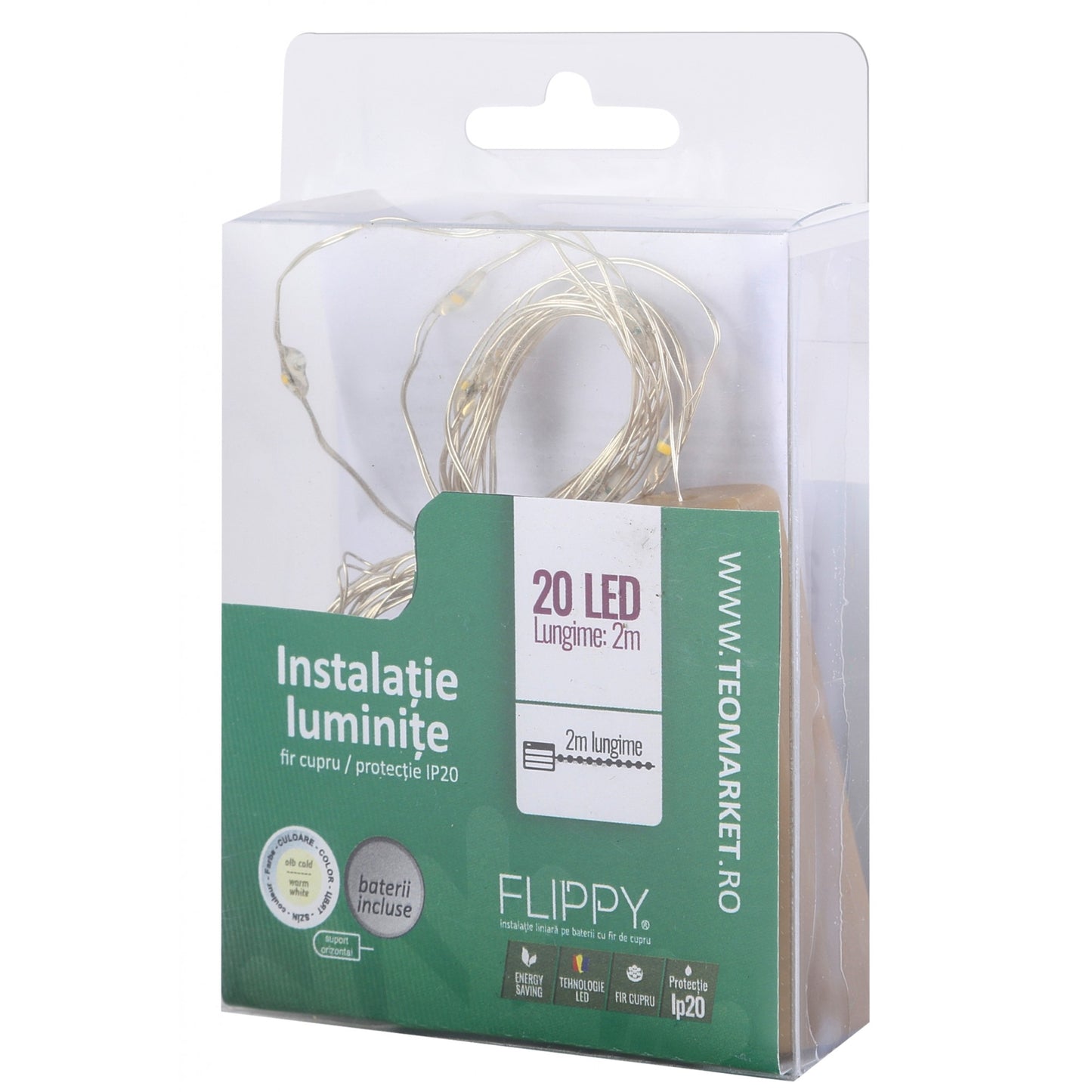 Instalatie Craciun, Liniara, 3 metri, Baterii, 30 LED-uri, Alb Cald, Fir Cupru, Interior/Exterior