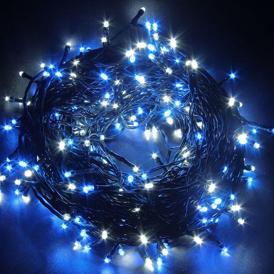 Instalatie Craciun, 30 m, 858 Led-uri ,Franjuri, Albastru, 8 jocuri de lumini, Transformator cu telecomanda, Interconectabila, Prelungitor 3 m inclus, Fir Negru