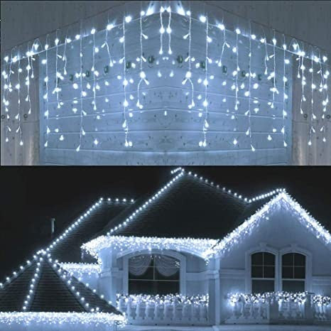 Instalatie Craciun, 30 m, 858 Led-uri ,Franjuri, Albastru, 8 jocuri de lumini, Transformator cu telecomanda, Interconectabila, Prelungitor 3 m inclus, Fir Negru