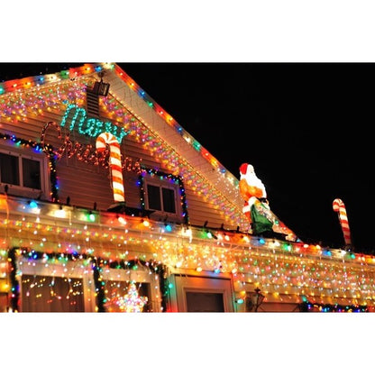 Instalatie Craciun, 30 m, 858 Led-uri ,Franjuri, Multicolor, 8 jocuri de lumini, Transformator cu telecomanda, Interconectabila, Prelungitor 5 m inclus, Fir Alb