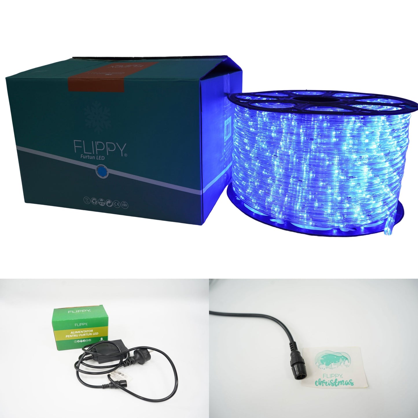 Instalatie Craciun, 4 m, 96 Led-uri, Furtun Luminos, Albastru, Transformator, 8 jocuri de lumini, Sectionabila, 220 V