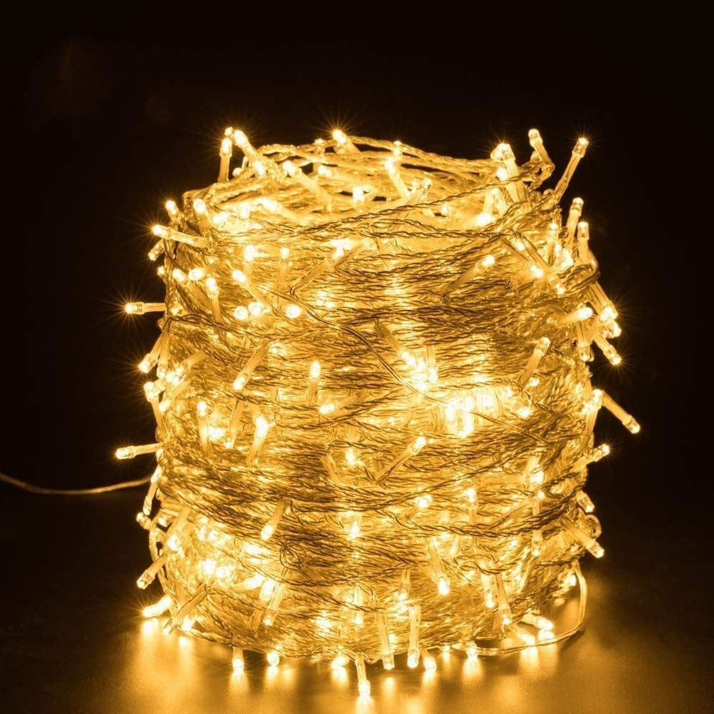 Instalatie Craciun, 5 m, 143 Led-uri ,Franjuri, Alb cald, 8 jocuri de lumini, Transformator cu telecomanda, Interconectabila, Prelungitor 3 m inclus, Fir Transparent