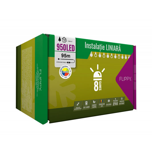 Instalatie Craciun, 95 m, 950 Led-uri ,Liniara, Multicolor, 8 jocuri de lumini, Transformator, Interconectabila, Prelungitor 5 m inclus, Fir Verde