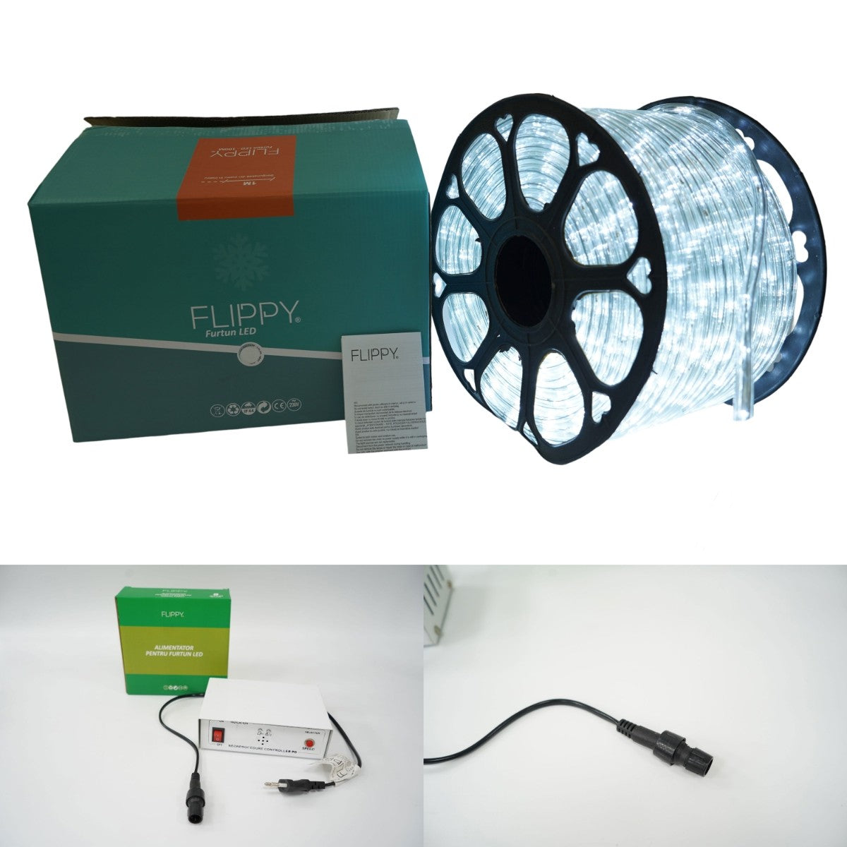 Instalatie Craciun, 96 m, 2304 Led-uri, Furtun Luminos, Alb rece, Transformator, 8 jocuri de lumini, Sectionabila, 220 V