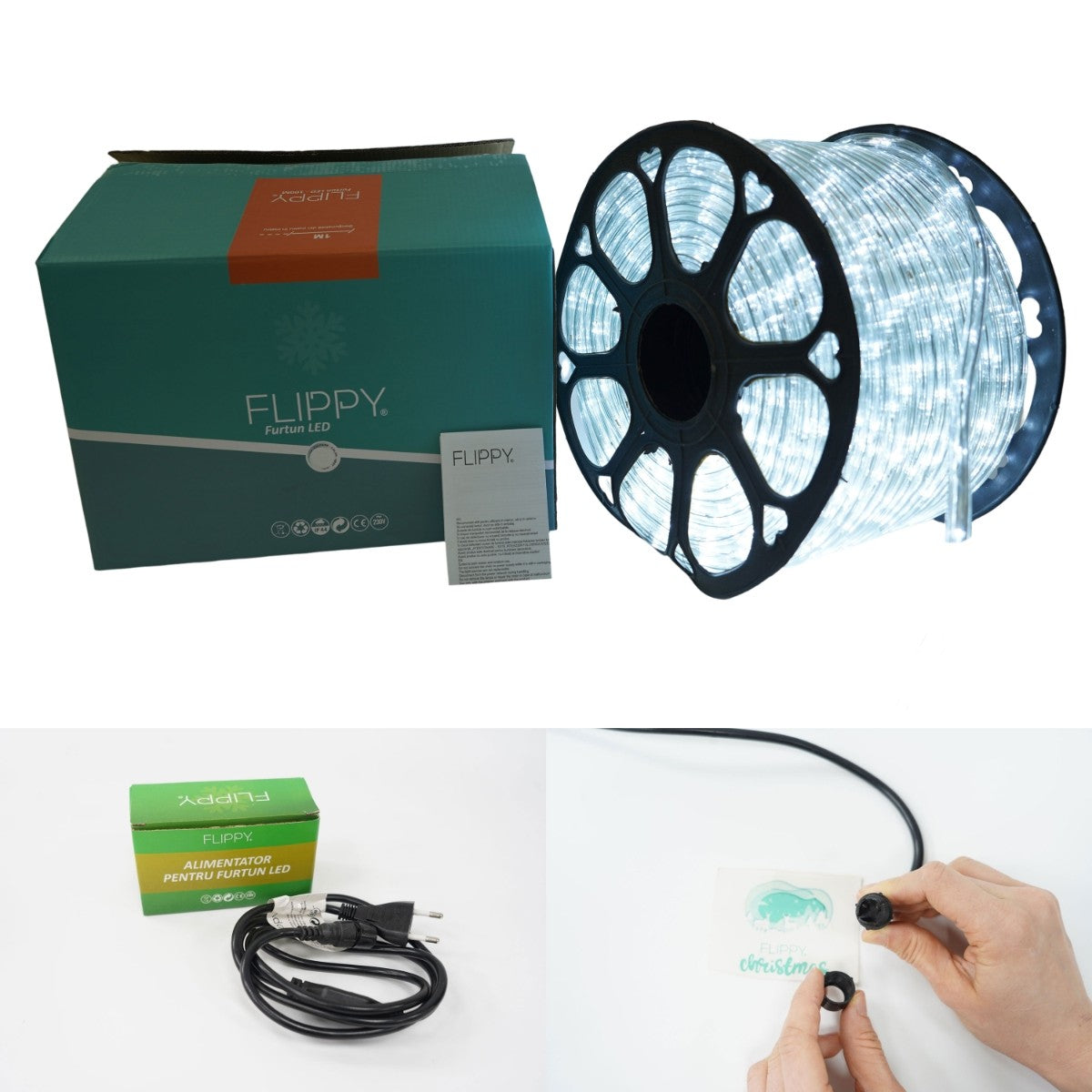 Instalatie Craciun, 96 m, 2304 Led-uri, Furtun Luminos, Alb rece, Transformator, Sectionabila, 220 V