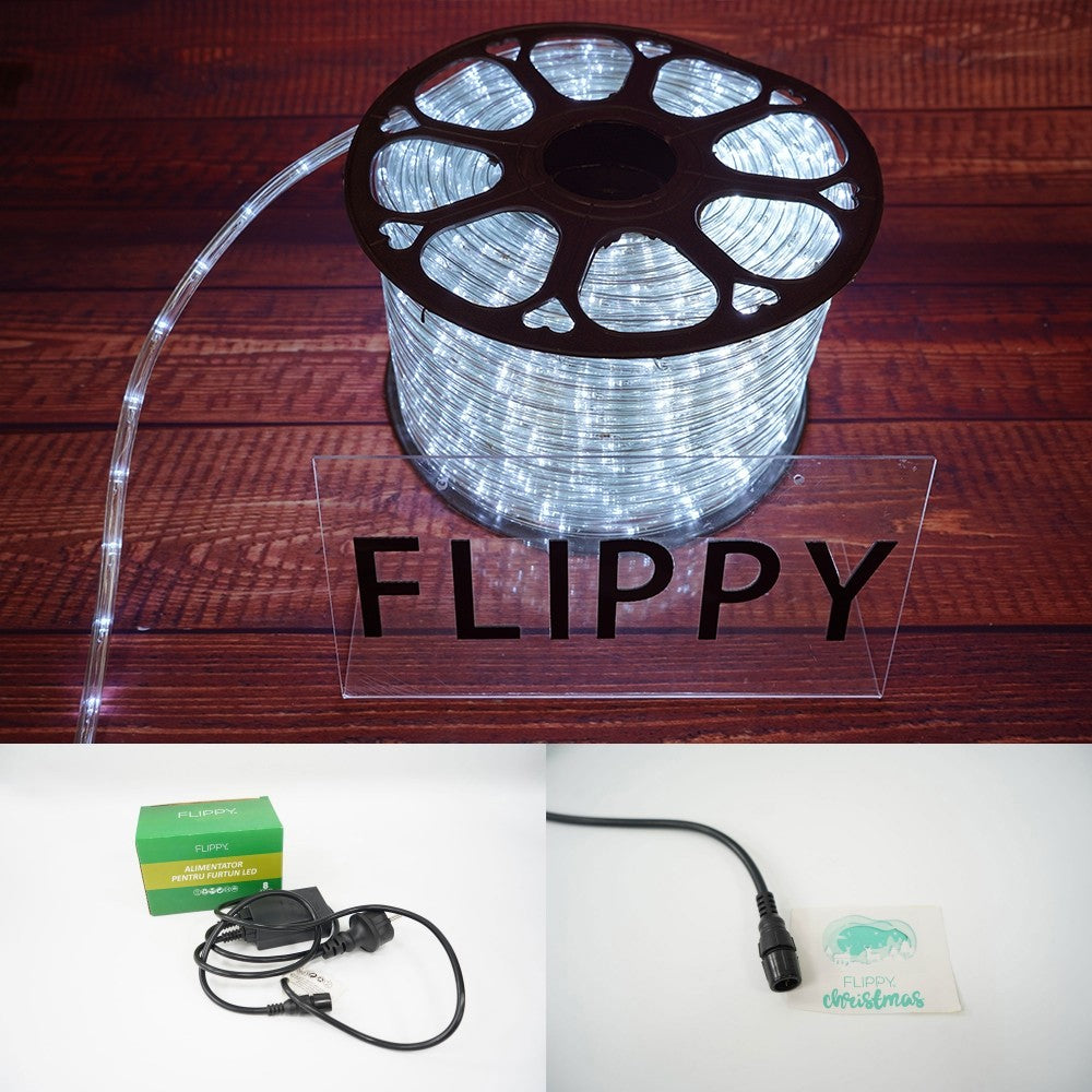 Instalatie Craciun, 96 m, 2304 Led-uri, Furtun Luminos, Alb rece, Transformator, Sectionabila, 220 V