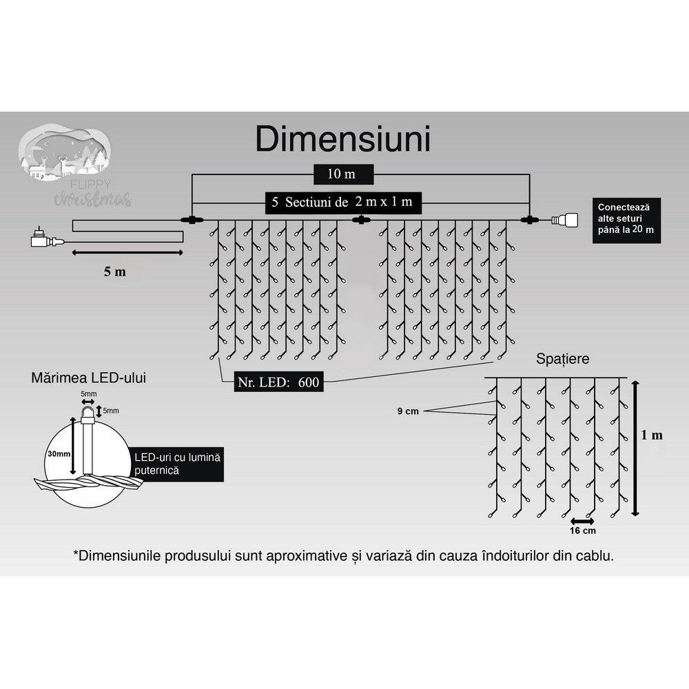 Instalatie Craciun, Tip Perdea, IP44, 10 m x 1 m, 600 LED-uri, Albastru, 8 jocuri de lumini, Transformator, Interconectabila, Prelungitor 5 m inclus, Fir transparent, Interior/ Exterior