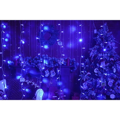 Instalatie Craciun, Tip Perdea, IP44, 12 m x 1 m, 720 LED-uri, Albastru, 8 jocuri de lumini, Transformator, Interconectabila, Prelungitor 5 m inclus, Fir transparent, Interior/ Exterior