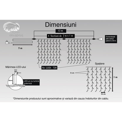 Instalatie Craciun, Tip Perdea, IP44, 12 m x 1 m, 720 LED-uri, Albastru, 8 jocuri de lumini, Transformator, Interconectabila, Prelungitor 5 m inclus, Fir transparent, Interior/ Exterior