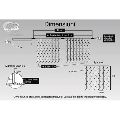 Instalatie Craciun, Tip Perdea, IP44, 12 m x 1 m, 720 LED-uri, Albastru, 8 jocuri de lumini, Transformator, Interconectabila, Prelungitor 5 m inclus, Fir transparent, Interior/ Exterior