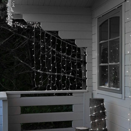 Instalatie Craciun, Tip Perdea, IP44, 2 m x 1 m, 120 LED-uri, Alb rece, 8 jocuri de lumini, Transformator cu telecomanda, Interconectabila, Prelungitor 3 m inclus, Fir transparent, Interior/ Exterior