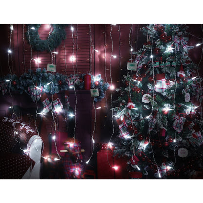 Instalatie Craciun, Tip Perdea, IP44, 2 m x 1 m, 120 LED-uri, Alb rece, 8 jocuri de lumini, Transformator cu telecomanda, Interconectabila, Prelungitor 3 m inclus, Fir transparent, Interior/ Exterior