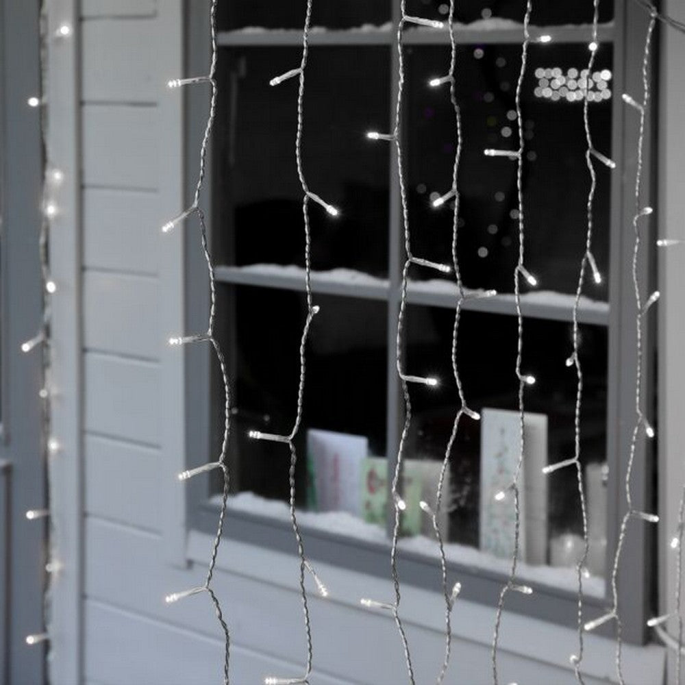 Instalatie Craciun, Tip Perdea, IP44, 2 m x 1 m, 120 LED-uri, Alb rece, 8 jocuri de lumini, Transformator cu telecomanda, Interconectabila, Prelungitor 3 m inclus, Fir transparent, Interior/ Exterior