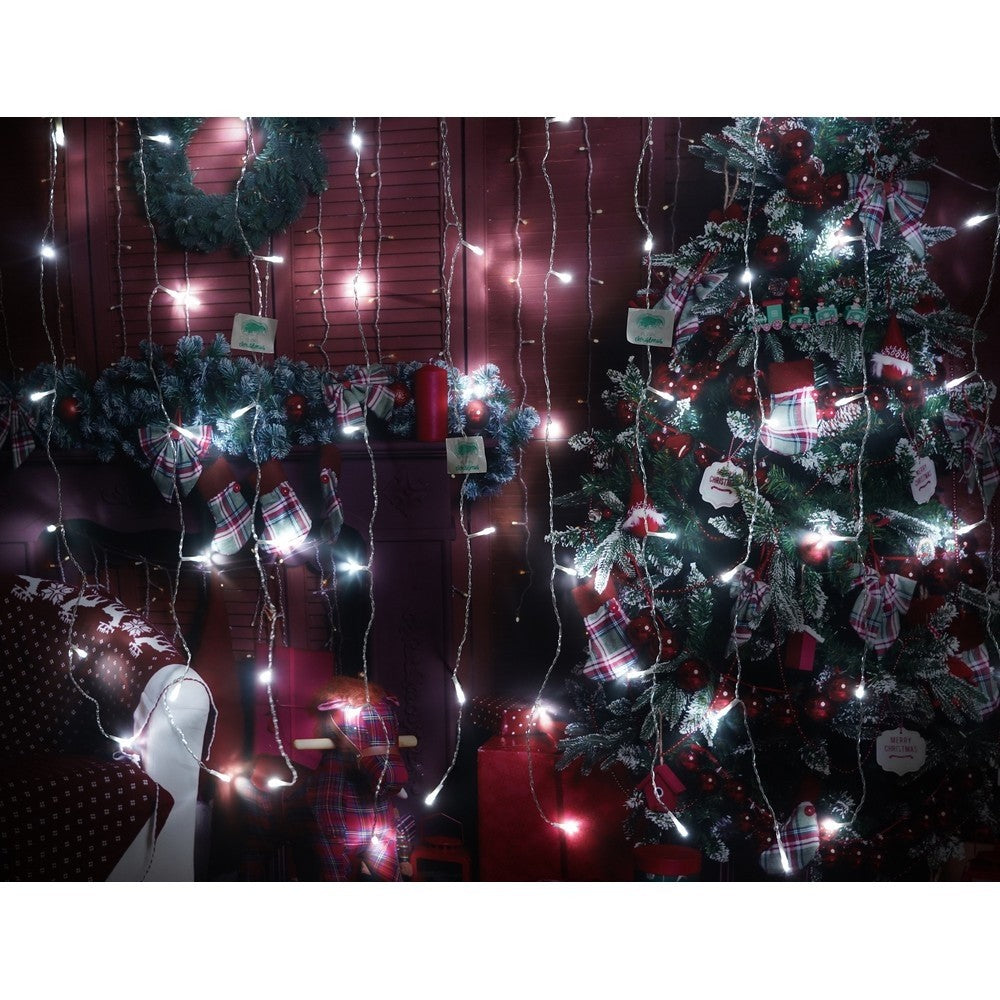 Instalatie Craciun, Tip Perdea, IP44, 2 m x 1 m, 120 LED-uri, Alb rece, 8 jocuri de lumini, Transformator cu telecomanda, Interconectabila, Prelungitor 3 m inclus, Fir transparent, Interior/ Exterior