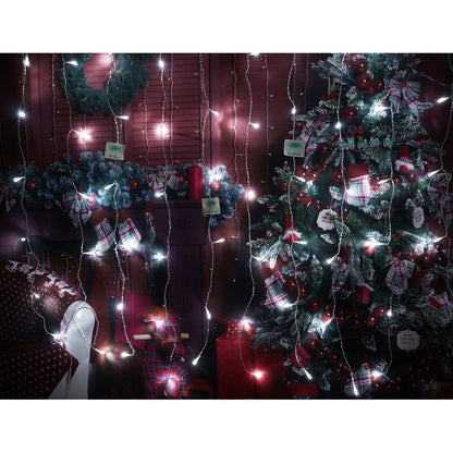 Instalatie Craciun, Tip Perdea, IP44, 2 m x 1 m, 120 LED-uri, Alb rece, 8 jocuri de lumini, Transformator cu telecomanda, Interconectabila, Prelungitor 3 m inclus, Fir transparent, Interior/ Exterior