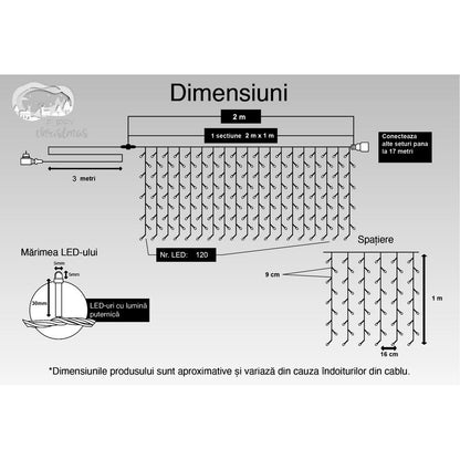 Instalatie Craciun, Tip Perdea, IP44, 2 m x 1 m, 120 LED-uri, Alb rece, 8 jocuri de lumini, Transformator, Interconectabila, Prelungitor 3 m inclus, Fir transparent, Interior/ Exterior
