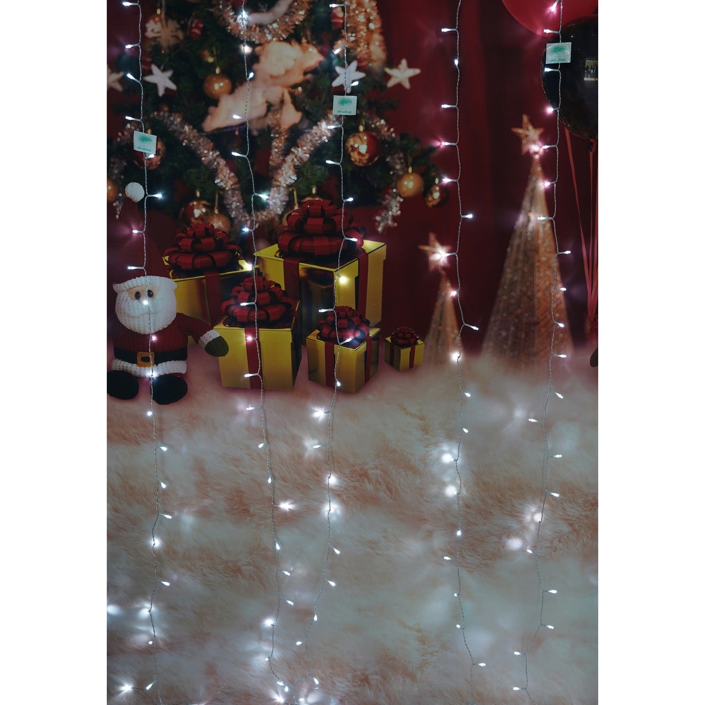 Instalatie Craciun, Tip Perdea, IP44, 2 m x 2 m, 240 LED-uri, Alb rece, 8 jocuri de lumini, Transformator cu telecomanda, Interconectabila, Prelungitor 3 m inclus, Fir transparent, Interior/ Exterior